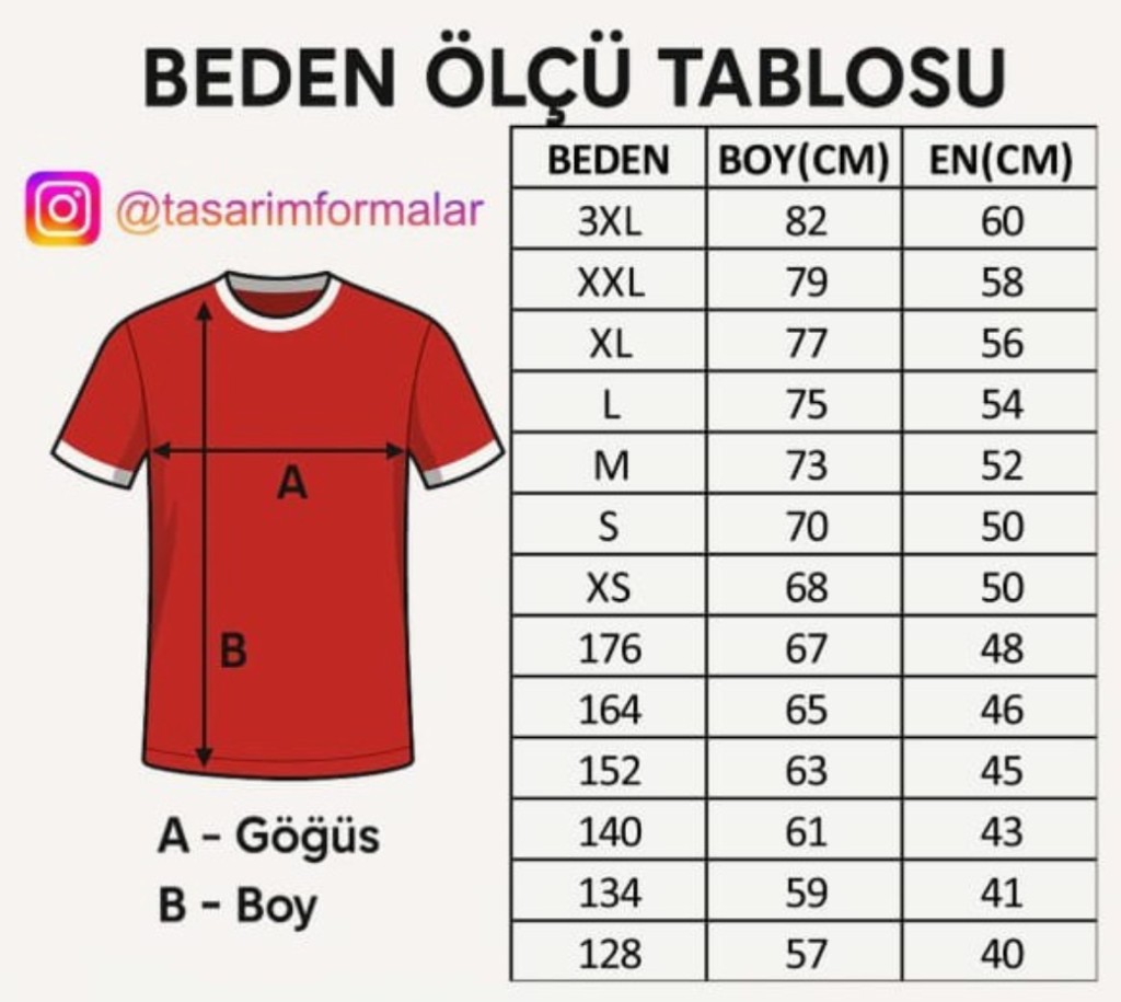 Forma beden ölçü tablosu diyagramı: A göğüs eni, B forma boyu